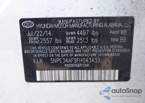 2015 Hyundai Sonata Sport из США, поврежденный, VIN 5NPE34AF9FH043433